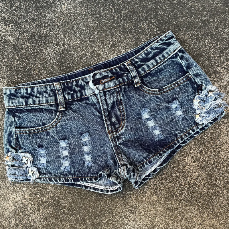 Women's Ultra-low-rise Split Jeans Denim Shorts Rivet Holes Y2k Booty Shorts