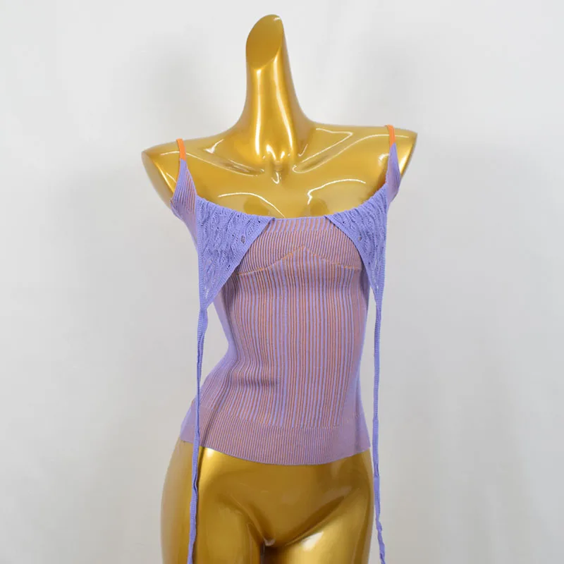 توب محبوك بتصميم هالتر من Pure Desire، قميص صيفي مثير بأسلوب جديد، طبقة أساسية للارتداء الخارجي، توب قصير بسحاب وخطوط للفتيات