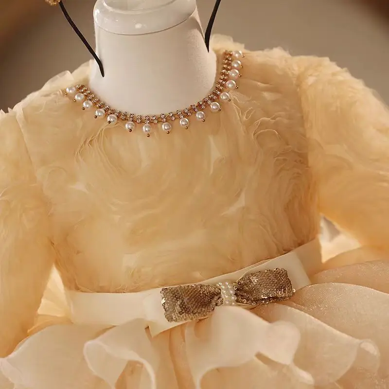 فستان أنيق لفتاة الزهور بلون الشمبانيا بأكمام طويلة للأميرة للأطفال الصغار لحفلات الزفاف وأعياد الميلاد الأولى وحفلات العطلات #4