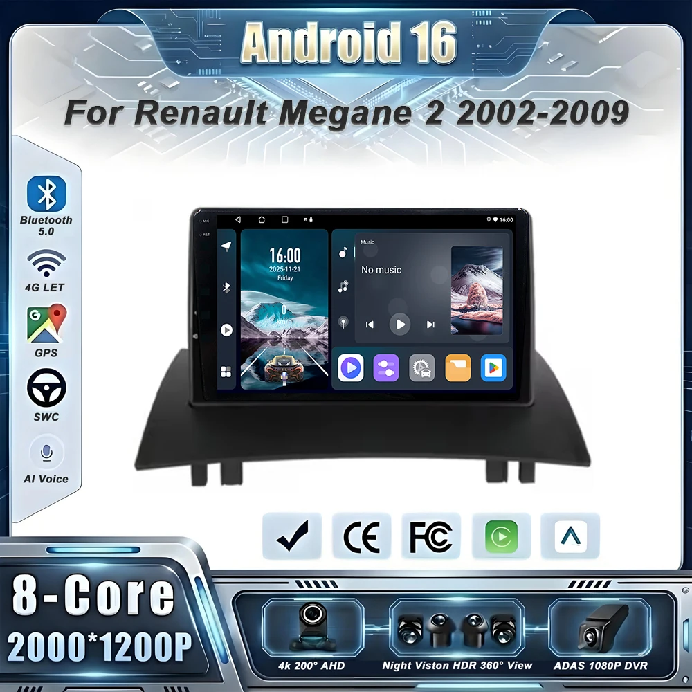 Car GPS Android 16 Auto Radio For Renault Megane 2 2002-2009 Multimedia Player Stereo Head Unit No 2din DVD QLED Screen HDR 5G