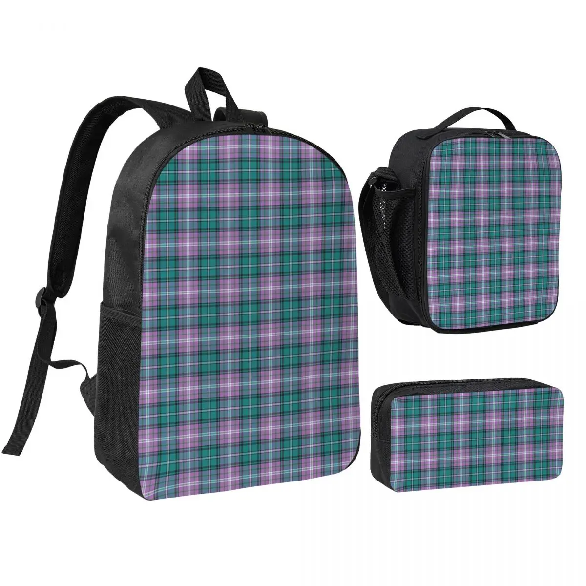 

Purple Scottish Tartan Plaid Backpack Boys Girls BookBag School Bag Shoulder Bags 3ps Insulated Lunch Bag Pencil Case
