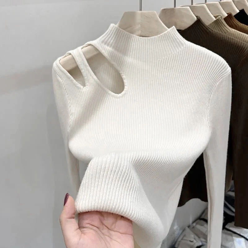 Suéteres de punto de cuello alto para mujer, Tops ajustados ahuecados sexys, suaves y cálidas prendas de punto, puente básico informal para mujer, Otoño e Invierno