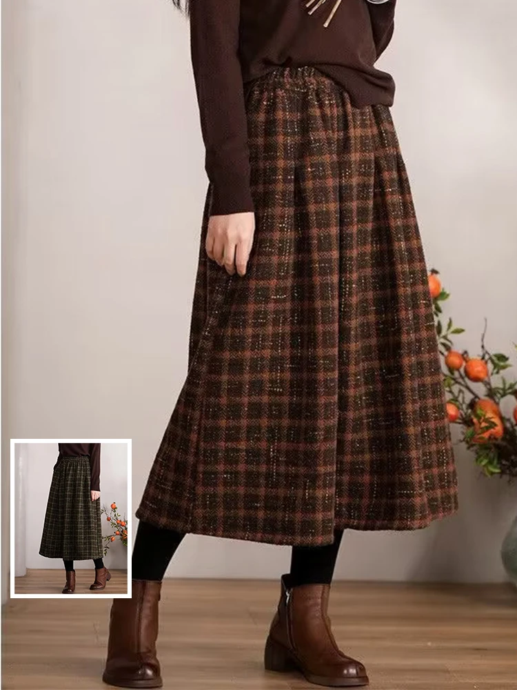 

Retro Plaid Woolen High Waist Midi Skirt A-Line Skirts for plus Size Women Autumn Winter New Sle Slimming Hip Covering
