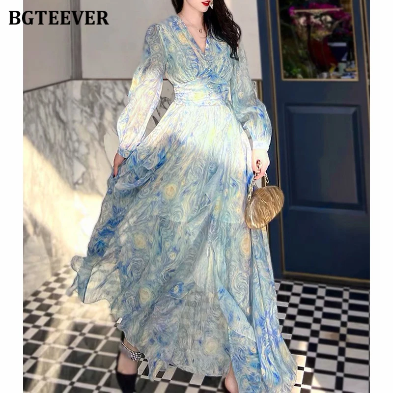 BGTEEVER Elegant V-neck Printed Chiffon Dress Women Long Sleeve Slim Ruffles Female A-line Dress Summer Vintage Ladies Vestidos