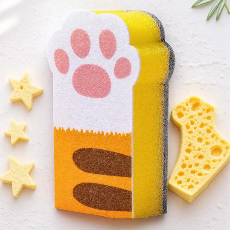 

3pcs Cleaning Sponge Kitchen Scrub Sponges Durable Dishwashing Pad Cartoon Cat Pattern Bathroom Home Restaurant