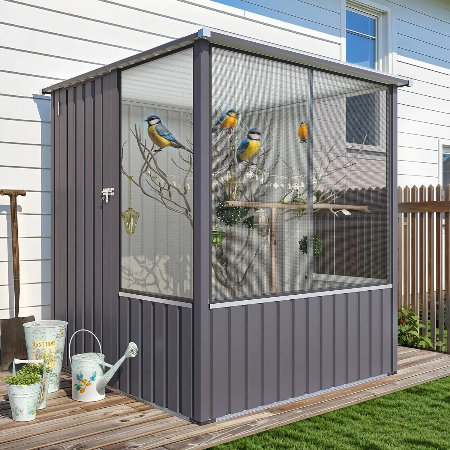 Outdoor Patio Metal Storage Shed with Lockable Doors and Ventilated Mesh