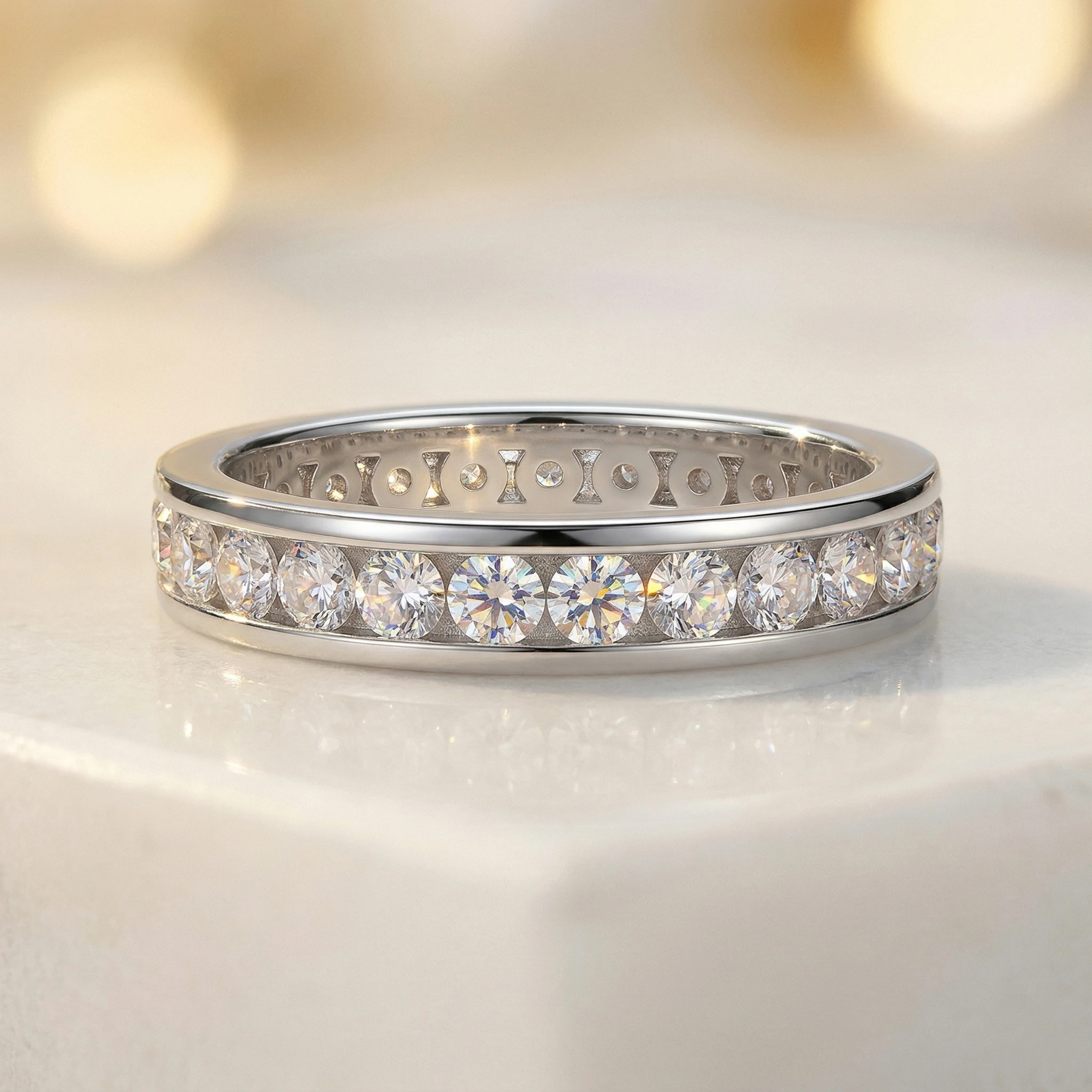 

Single Row Channel Set Full Design S925 Silver D Color VVS1 Moissanite Band Vintage Sparkling Stackable Daily Dating Engagement