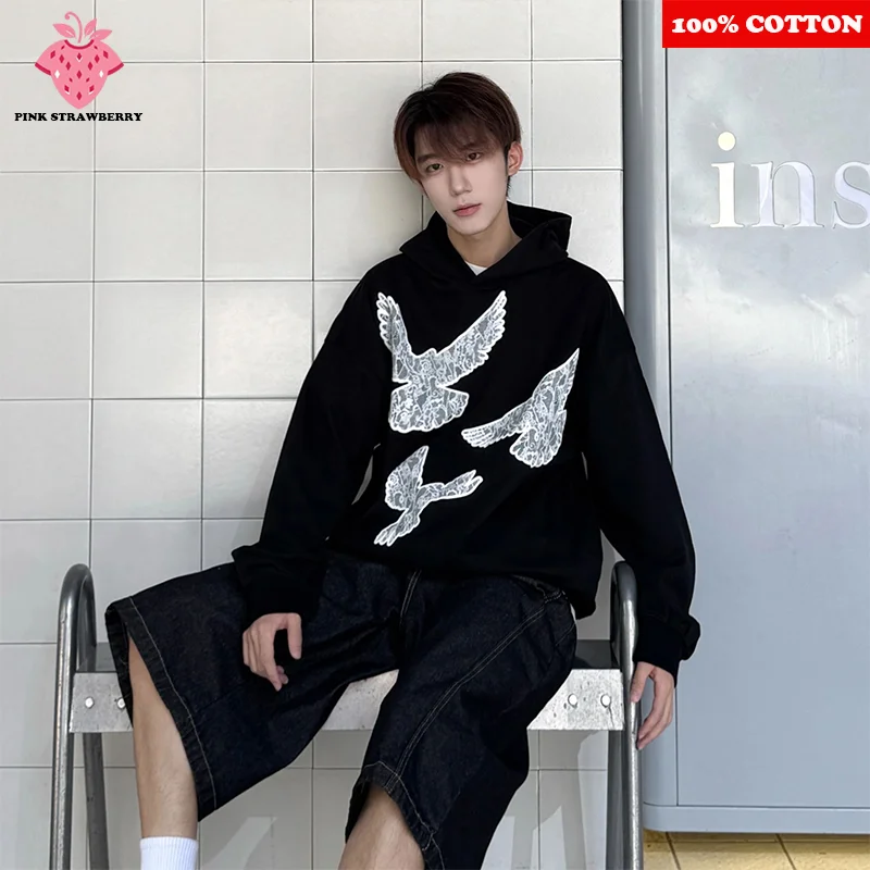 

American Retro Black Hooded Sweatshirt Men Autumn Winter 2025New Oversize Loose Long sleeves Pullover Y2K Top Warm mens clothing
