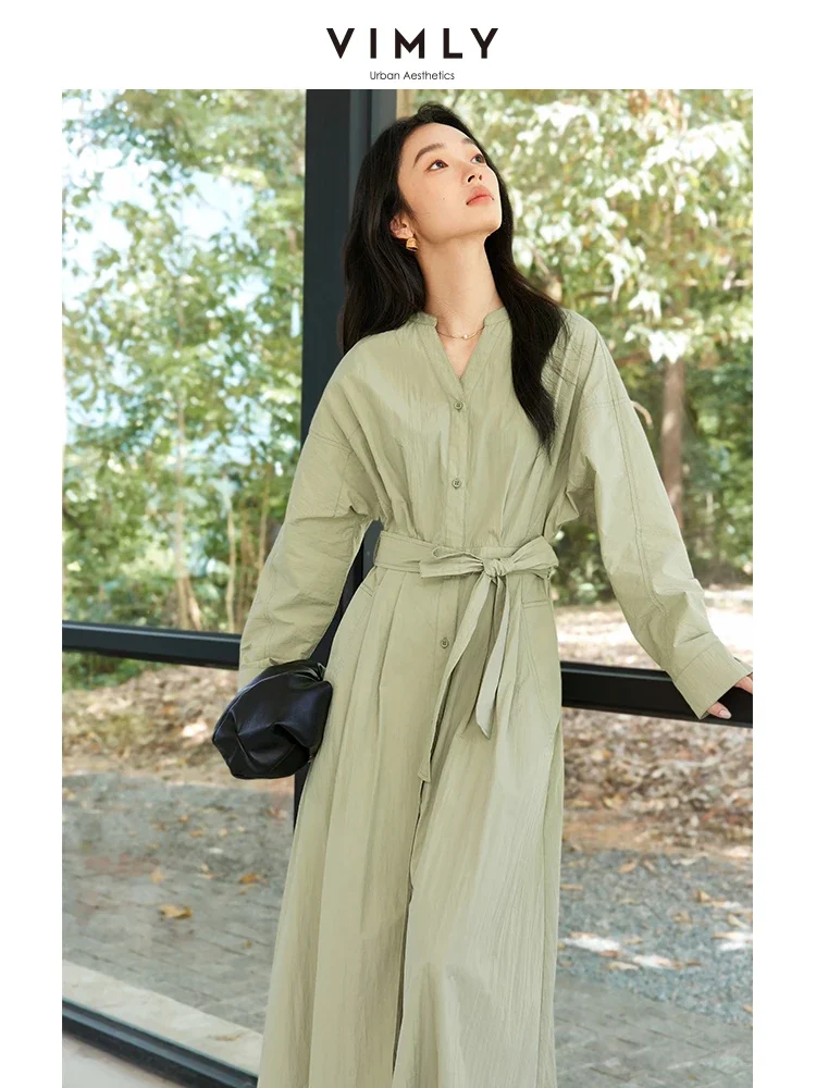 VIMLY Women Fashion Simple Solid V-Neck Shirt Style Long Dress Autumn Chic Female Casual Office Lady Straight Dresses With Belt