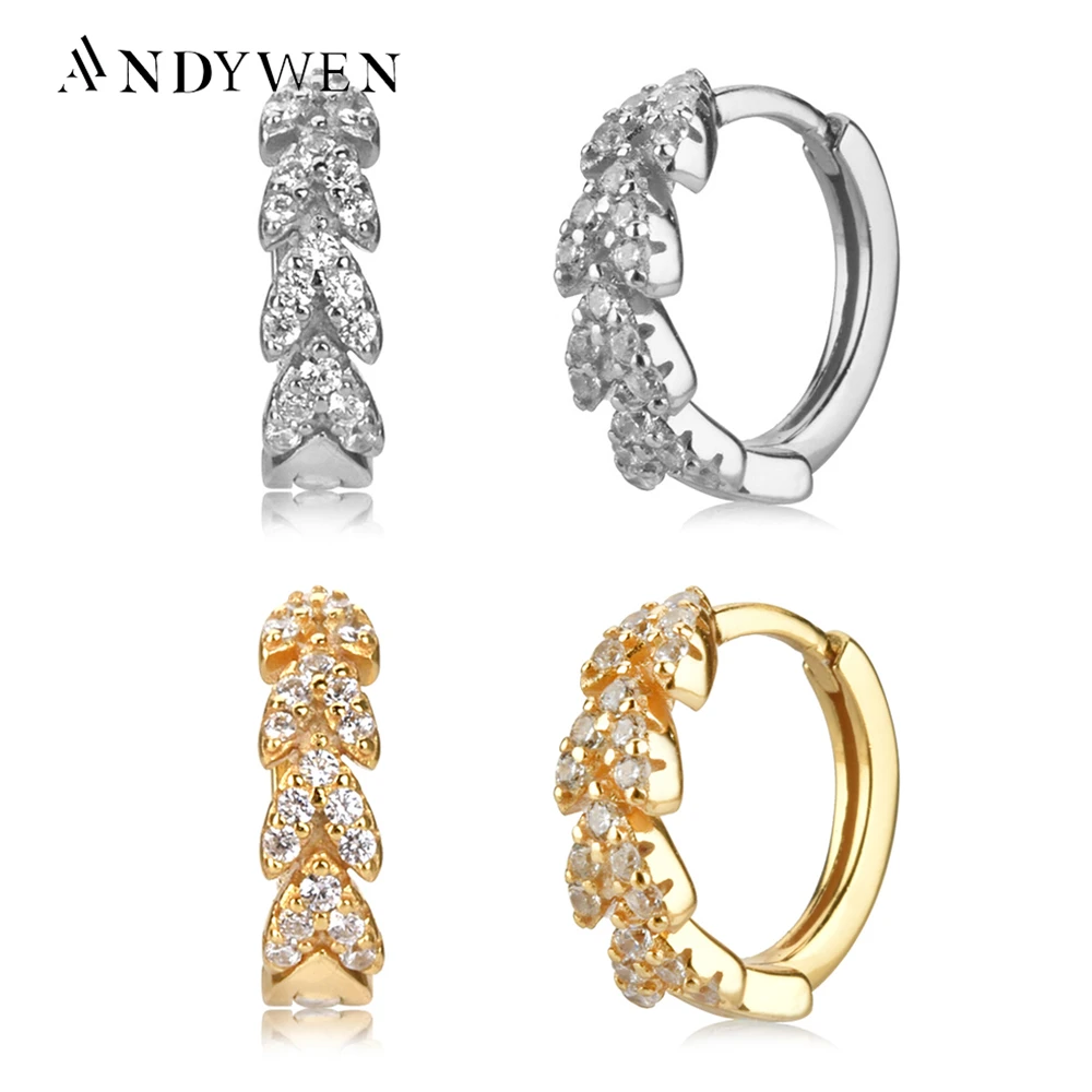ANDYWEN 925 Sterling Silver 8.5mm Leaves Huggies Loop Crystal CZ Zircon Hoops Earring Piercing Luxury 2020 Pendiente Fashion