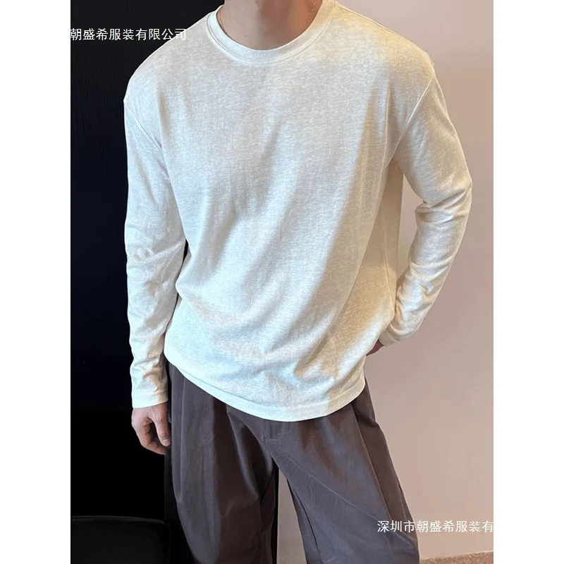 Men White Ice Silk Linen Blend Long Sleeve T Shirt Summer Thin Loose Lazy Sun Protection Up