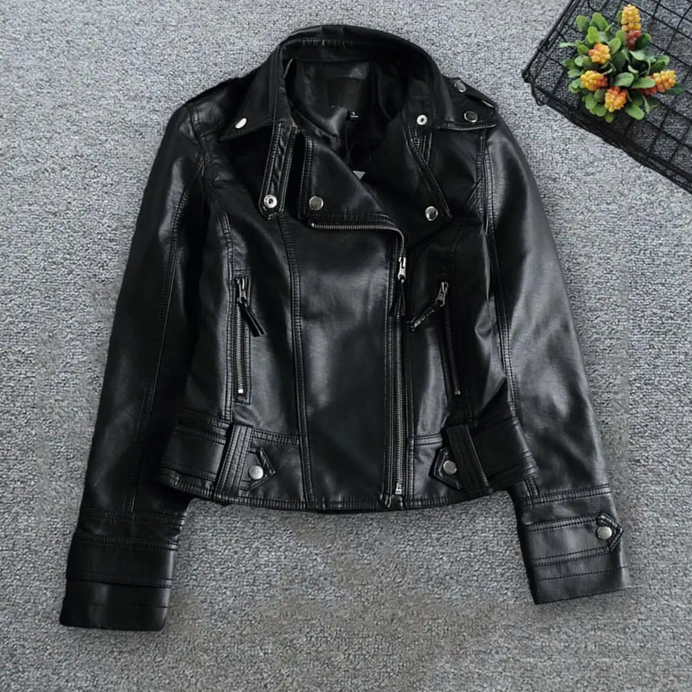 Women Motorcycle Jacket Stylish Women's Faux Leather Motorcycle Jacket with Zipper Placket Chic Streetwear Outwear for Spring