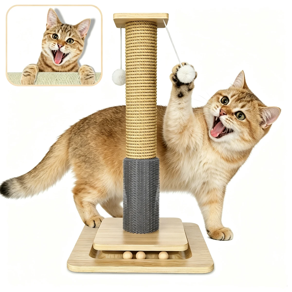 Torre da arrampicata e tiragraffi 3 in 1 per gatti: base extra robusta, pali multipli per tirare e arrampicarsi, ideale per gatti da interno. Design salvaspazio con pallina da appendere come gioco.