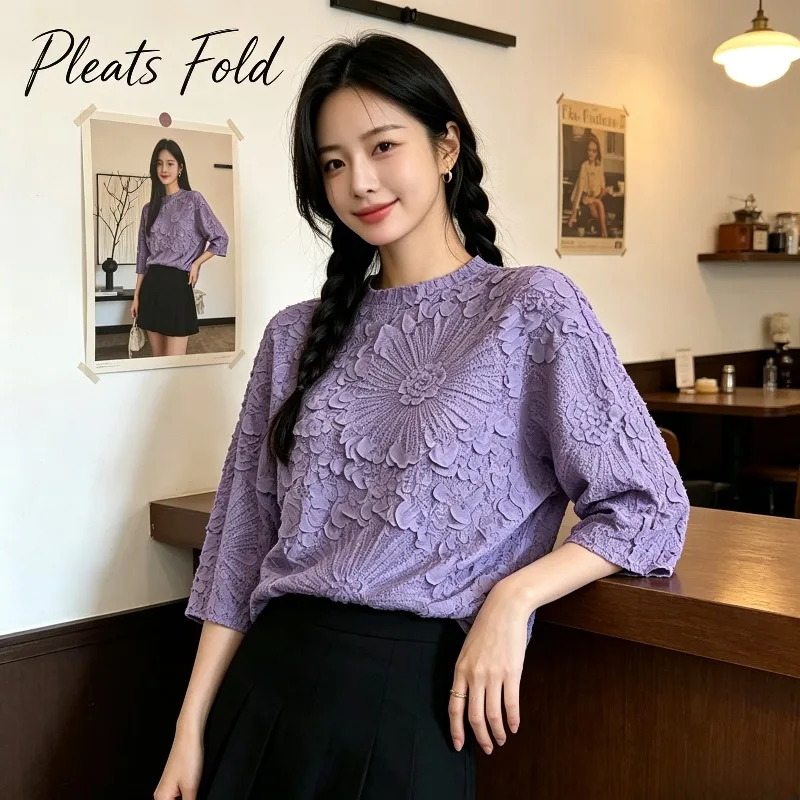 Miyake Pleated 2026 New Summer Fashion Pleated High-end Women's Solid Color Embossed Long Sleeve T-shirt Round Neck Pullover Top