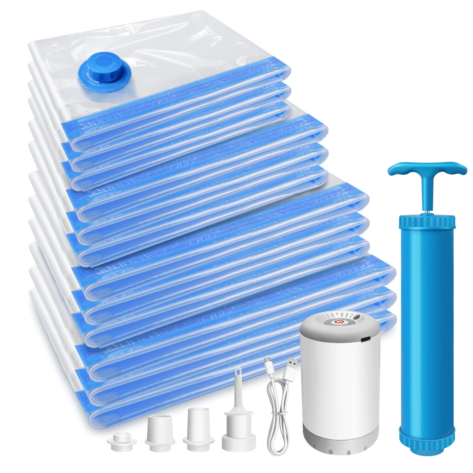 12-teiliges Vakuum-Aufbewahrungsbeutel-Set mit Wiederaufladbarer 2-in-1 Elektrischer Luftpumpe, Komplettes Platzspar-Beutel-Set – Detail 1
