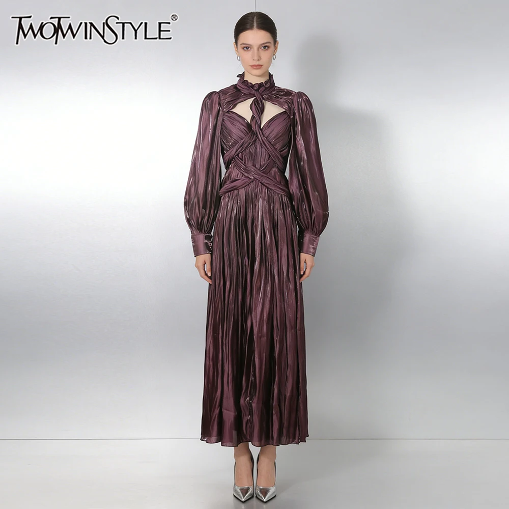 

TWOTWINSTYLE Solid Hollow Out Spliecd Folds Temperament Dresses for Women Stand Neck Long Sleeves High Waist Dress Female New