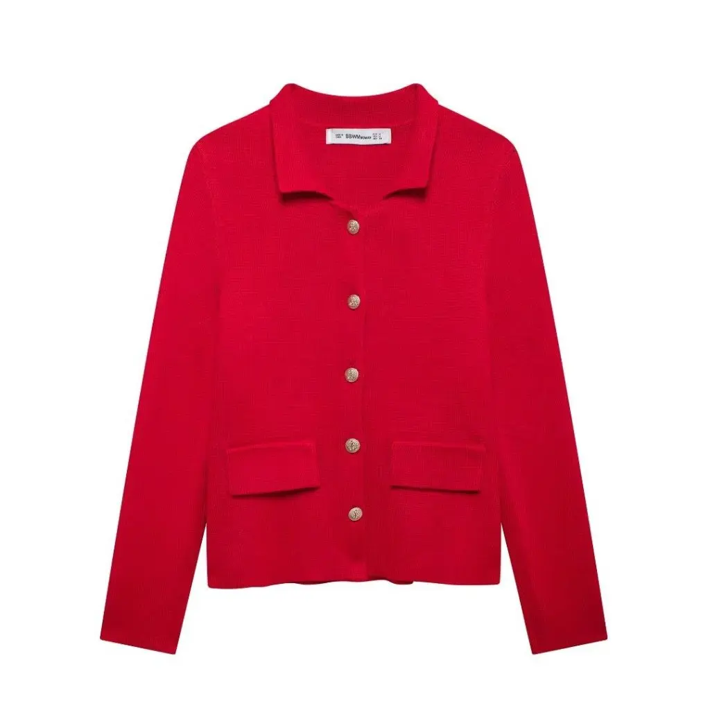 Moda feminina casual lapela curto casaco de malha estilo europeu e americano outono novo outerwear para senhoras