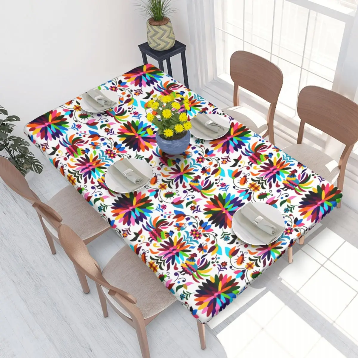 Custom Rectangular Waterproof Oil-Proof Mexican Otomi Birds Floral Embroidery Tablecloth Table  4FT Fit Folk Flowers Art Table