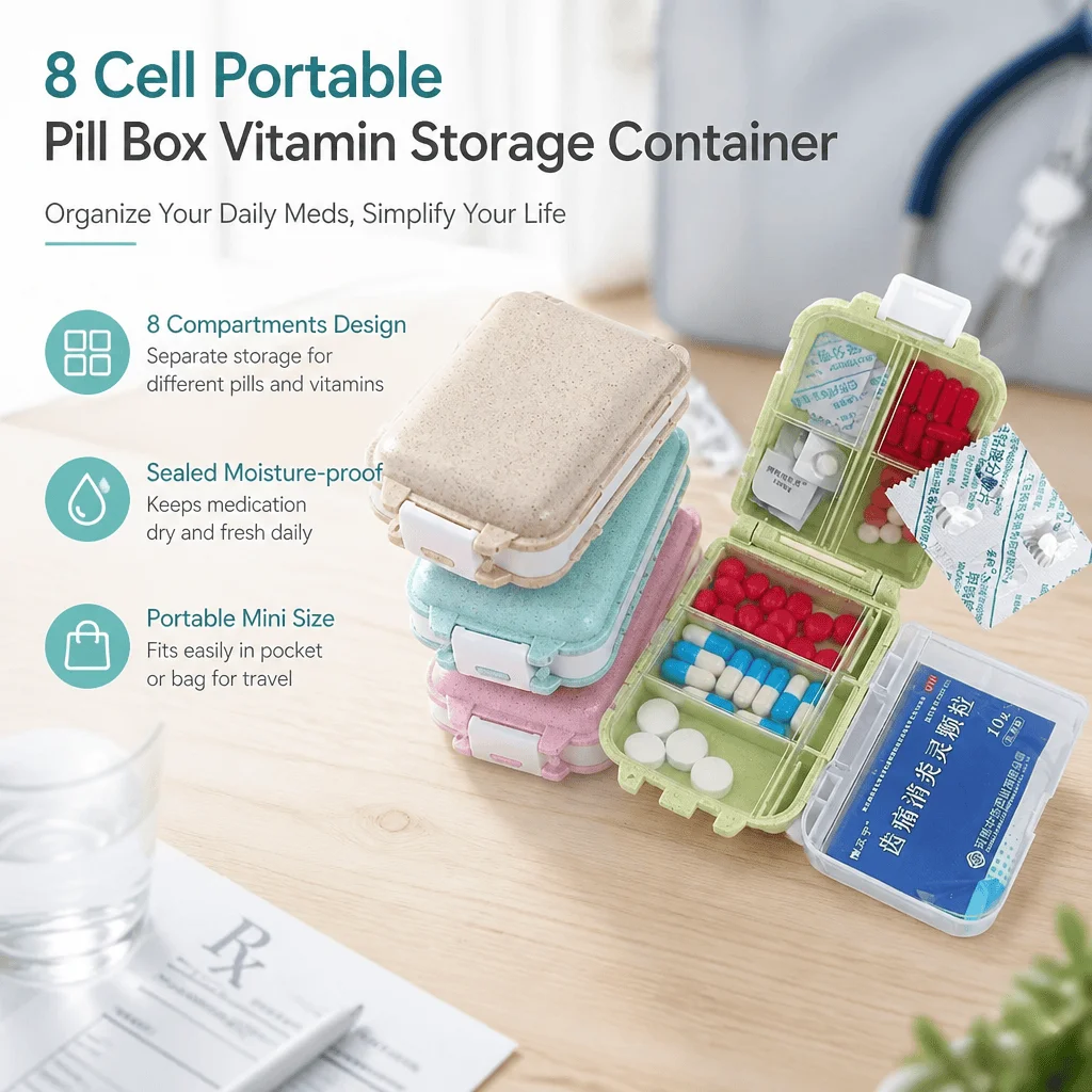 Pill Box 8 Compartment Medicine Organizer Portable Travel Pill Case Moisture-Proof Vitamin Storage Weekly Mini Medical Box
