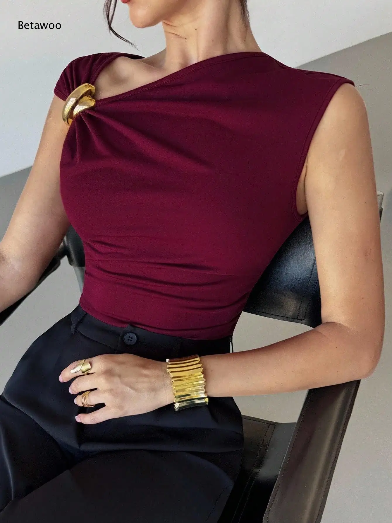 Women Asymmetric One Shoulder Sleeveless Cami Top Gold Metal Buckle Ruched Slim Fitted Solid Elegant Office Blouse