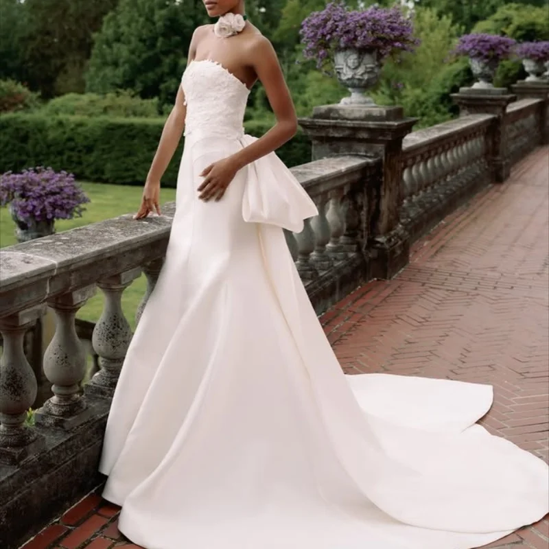 Satin ivory white Wedding Dresses off-shoulder fishtail Lace decal Gowns Made wedding dress Customized