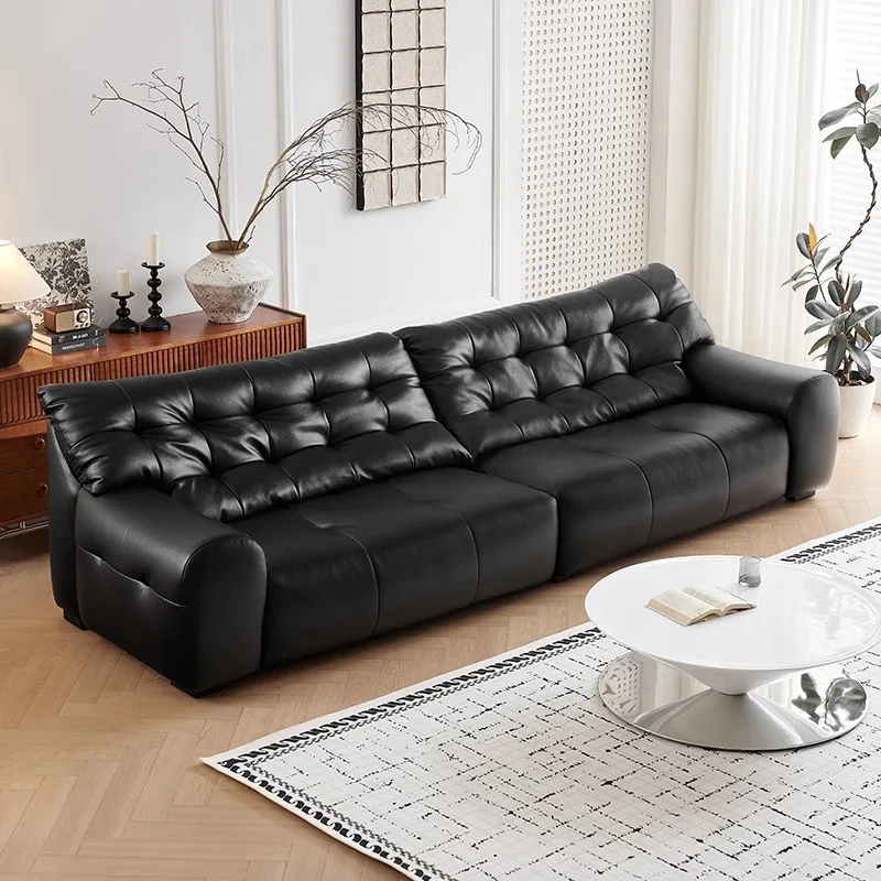 Кожаный диван первого слоя из воловьей кожи для гостиной, прямой ряд, средний антикварный большой черный медведь, кожаный художественный диван в стиле ретро