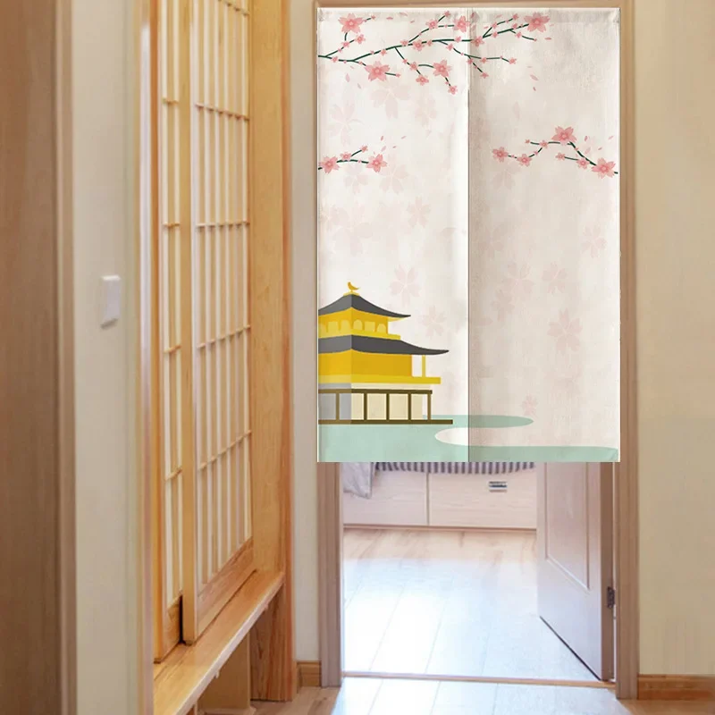 Cherry Blossoms Tower Japanese Doorway Curtain Linen Hanging Curtains Feng Shui Decoration Kitchen Bedroom Short Door Curtains