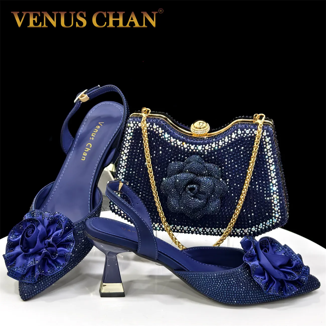 Venus Chan Elegant Shiny Dark Blue Handbag and Medium Heel Shoes Set with Beautiful Handmade Flowers for Weddings and Parties
