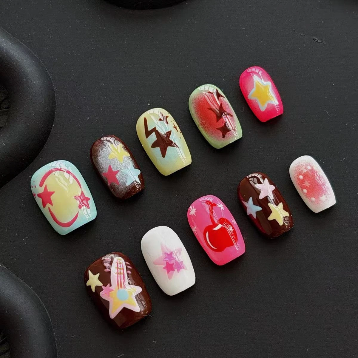 New Handmade Chocolate Stars Hand Painted Wearing Nail Art Cartoon Sweet Cool Babes Y2K Color Dopamine Press on Nails
