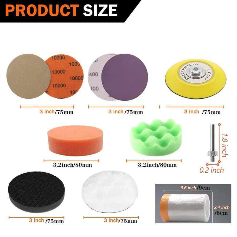3 Inch Car Headlight Restoration Kit 72 Pcs with Backing Pad Polishing Sponge Buffing Pad Masking Film for Polishing Car