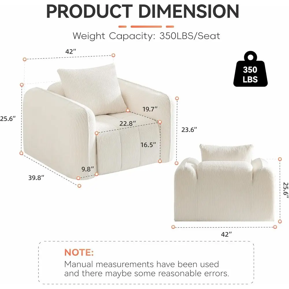 Oversized BonelCorduroy Accent Chair, Comy Deep Seat Armchair or Bedroom, ern Upholstered Living Room Soa Chair with Pillow, No