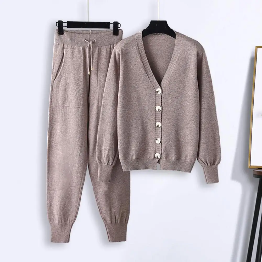 

2 Pcs/Set Chic Soft Anti-shrink Lady Coat Pants Set Deep Crotch Autumn Sweater Trousers Suit Solid Color for Daily Wear