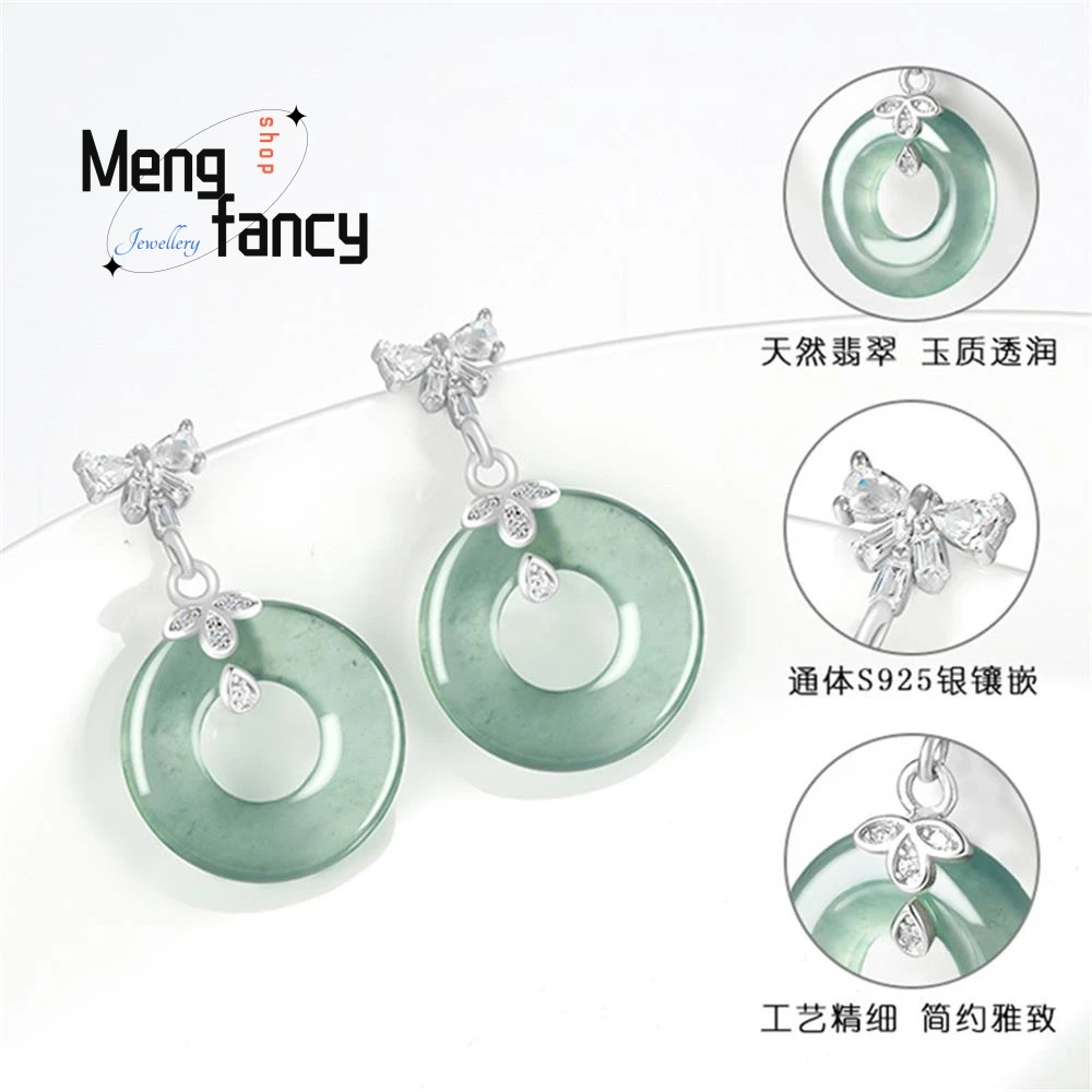 Natural A-goods Jadeite Blue Water Ice Jade Earrings S925 Silver Inlaid High-grade Fashion Exquisite Luxury Jewelry Holiday Gift