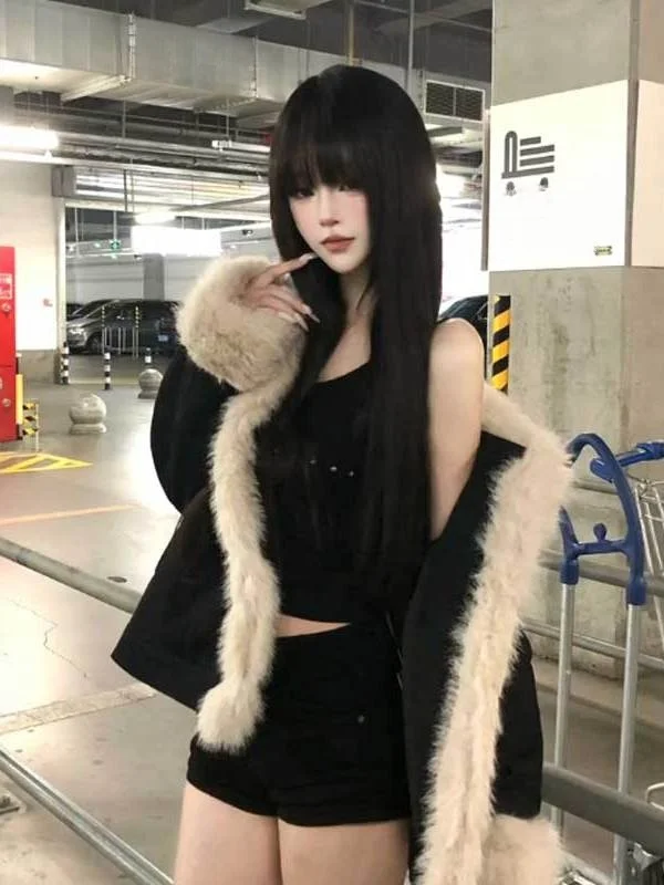 

Hebe Style Fashionable Cotton Jacket Quilted Lined Fur Trimmed Elegant Spring Coat Women's Retro Slim Fit Long Sleeve Coat
