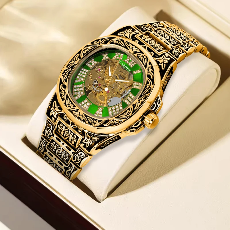 

Мужские автоматические механические часы с резным стальным ремешком черного золота и зеленой стороной в римском винтажном деловом повседневном стиле