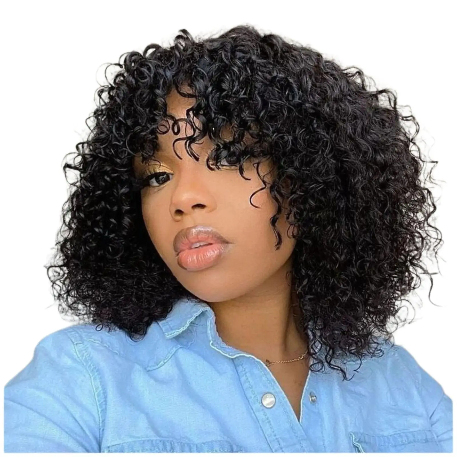 

Water Wave Wig with Bangs Short Human Hair Wigs for Black Women Natural Black Remy Human Hair Machine Made Wigs for Daily Use