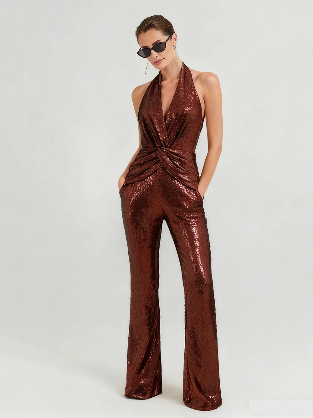 

European And American New Sequined Hanging Neck Jumpsuit For Women Sexy Deep V-knot High Waisted Slightly Flared Jumpsuit Party