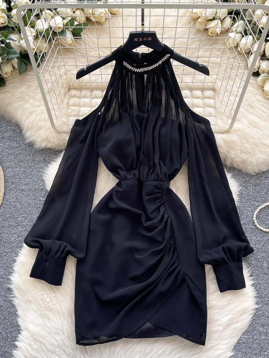 Foamlina Diamond-Encrusted Neck Off-Shoulder Chiffon Dress Female Elegant Celebrity Long Sleeve Pleated Split Bodycon Dresses