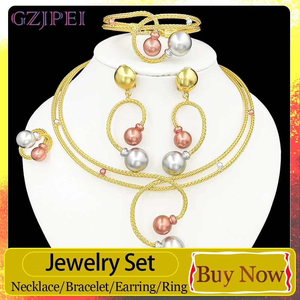 GZJPEI Luxury Woven Texture Jewelry Set Two Tone Ball Jewelry For Women Dubai African Bridal Wedding Party Fashion Jewelry Gift