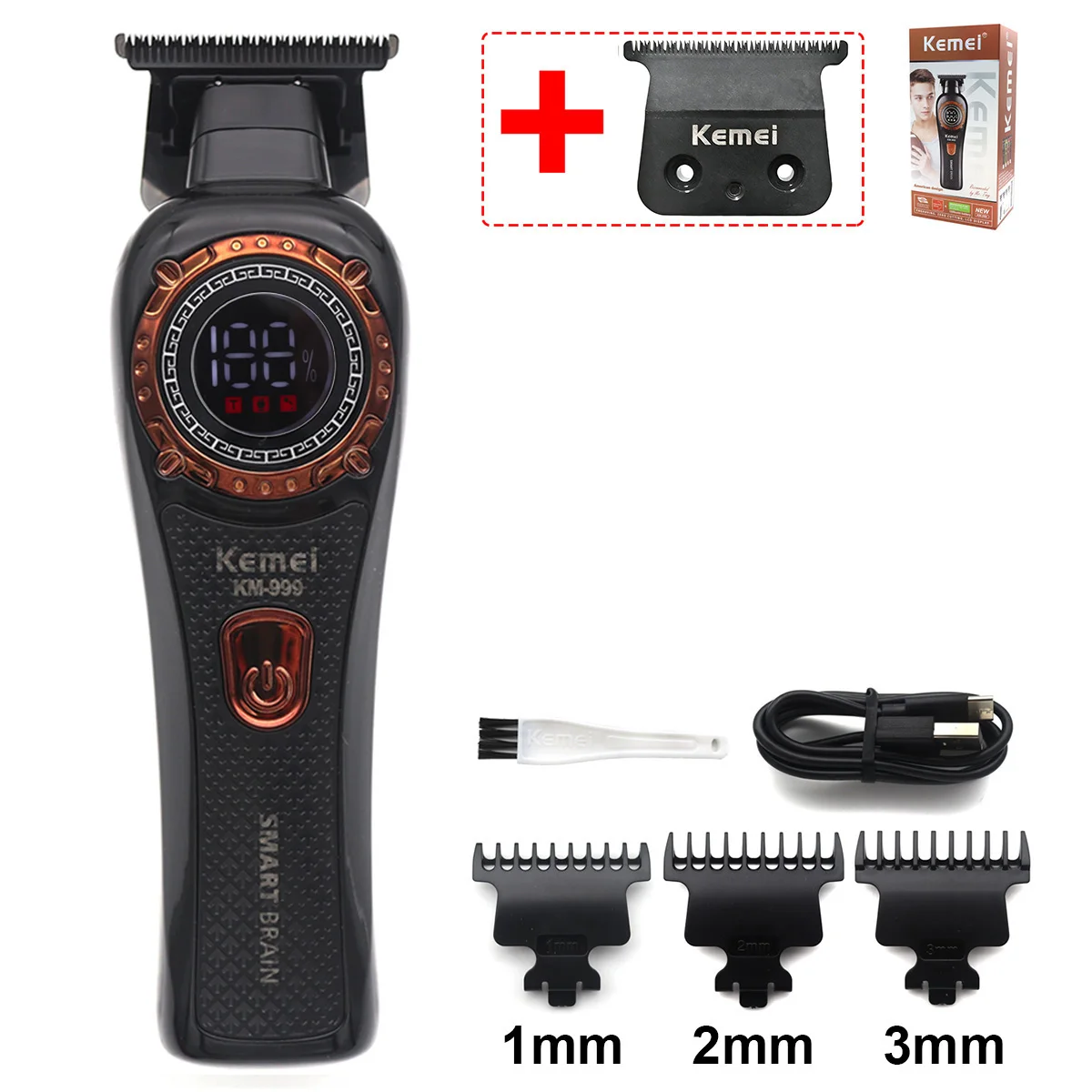 Kemei KM-999 Haarschneider für Männer, DLC T-Blade Zero Gapped LED-Anzeige, kabellose USB-Profi-Haarschneidemaschine, Finishing-Maschine