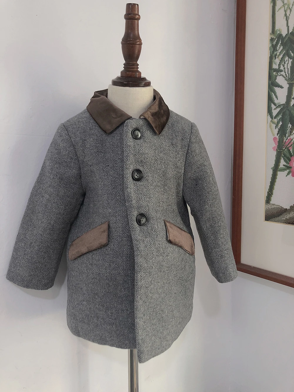 Children Boutique Clothing Winter Boy Gray Woolen Herringbone Pattern Coat British Warm Quilted Jacket New Year\'s Eid Clothes