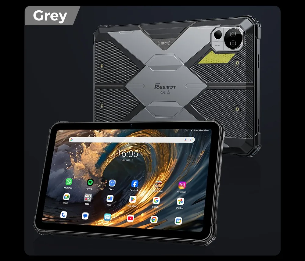 Fossibot Dt3 5g Rugged Tablet, Android 15, 10.4" Display, 12Gb Ram 256Gb Rom, Wifi 6, 66W Fast Charge, 64Mp+32Mp Camera, Nfc