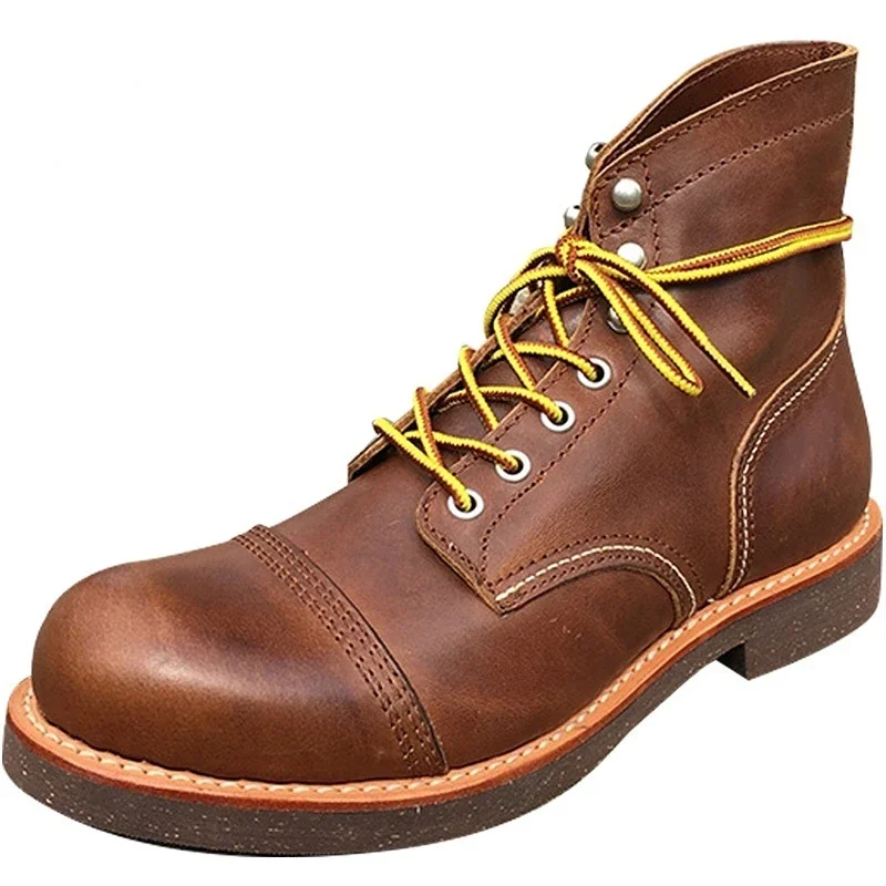 Newest Design Goodyear-Welted Vintage Men Casual Ankle Boots Wing Genuine Cow Leather Top Quality Motorcycle Boots Red Shoes