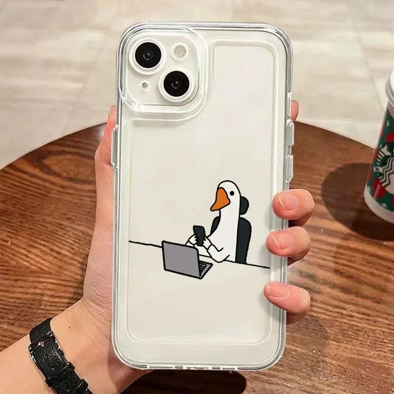 

Cute Cartoon Duck Phone Case For iPhone 16 15 14 13 12 11 Pro Max Mini X XS SE4 7 8 Plus 16E Shockproof Transparent Cover Fundas