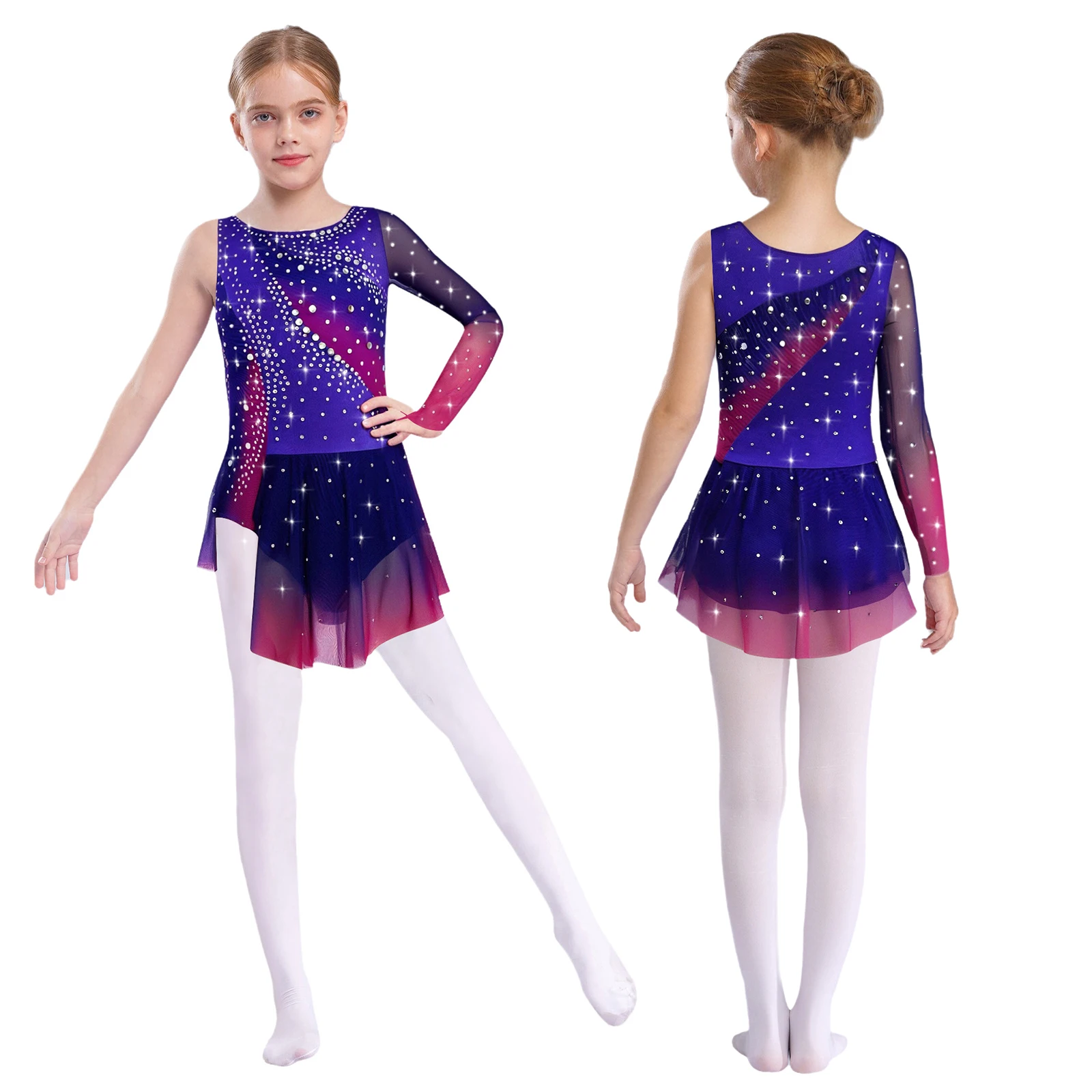 

Kids Girls Rhythmic Gymnastics Leotard Dress Shiny Rhinestones Contrast Color Asymmetrical Split Dress Figure Skating Costume