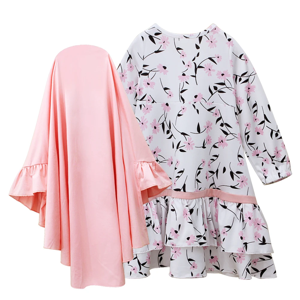 Muslim Girls Spring and Autumn Long Sleeve Round Neck Dress + Headscarf Two-piece Children\'s Clothing