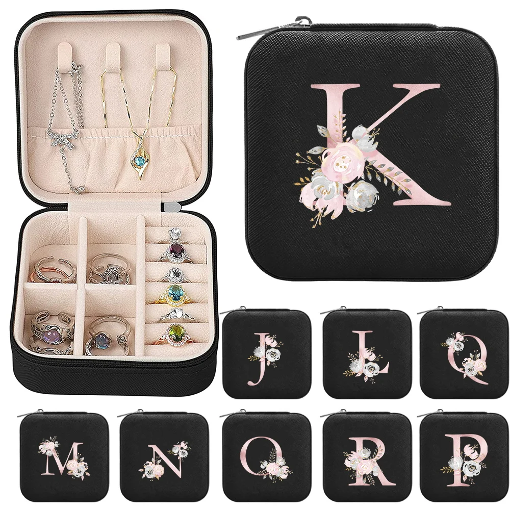 

Women's Jewelry Storage Box Travel Necklace Ring Zippered Organizer Boxes Portable Jewels Case Pink Flower Pattern Series