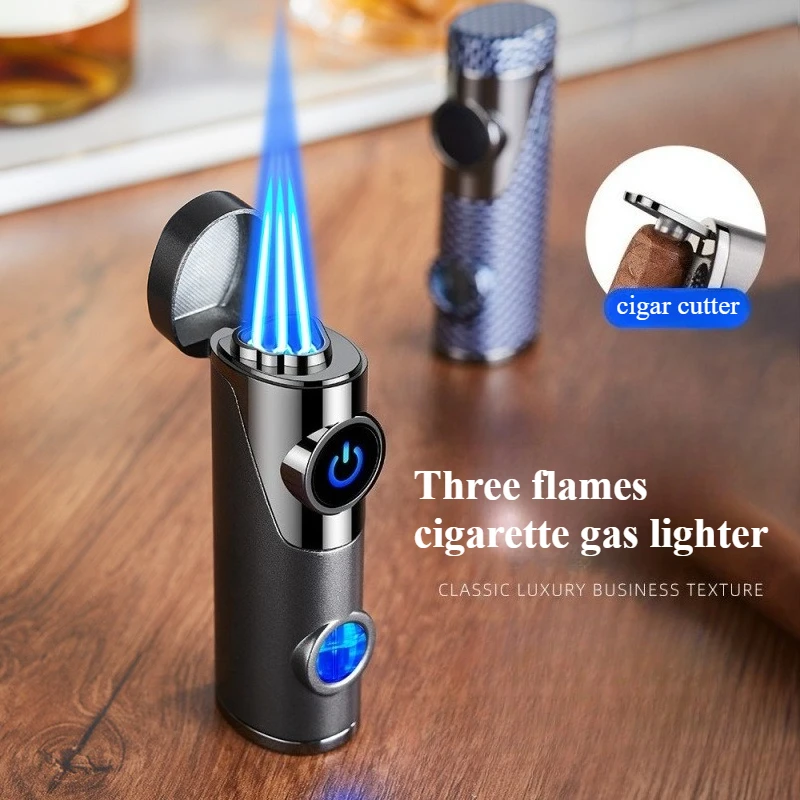 

Butane Gas Lighter Three Flames Electric Smoking Accessories with Cigar Cutter HighFlame Household inflatable Cigarette Lighters