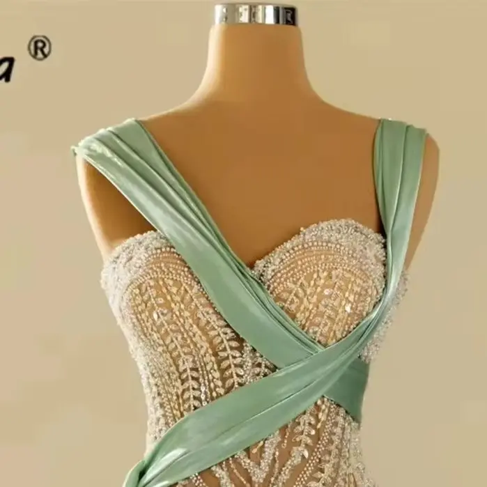 Sage Green Satin Sash Mermaid Evening Dress Sheer Nude Mesh Rhinestone Beaded Prom Gown Dubai Wedding Guest Birthday Party Dress