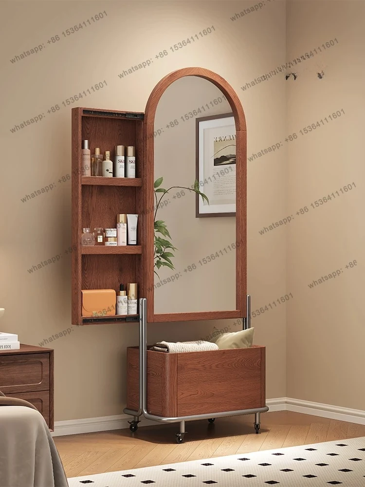 Solid wood full body floor mirror bedroom sliding full-length mirror hidden with cabinet door movable fitting mirror